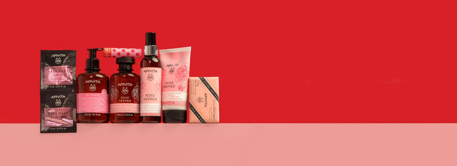 Apivita The Rose Collection. Discover the Rose Pepper firming body cream, shower gel and natural soap and the refreshing instant pink clay mask. 