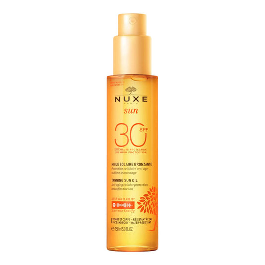 Nuxe Sun Tanning Oil High Protection SPF30 for face and body to prevent the appearance of dark spots and protect your skin with its anti-aging formulation.
