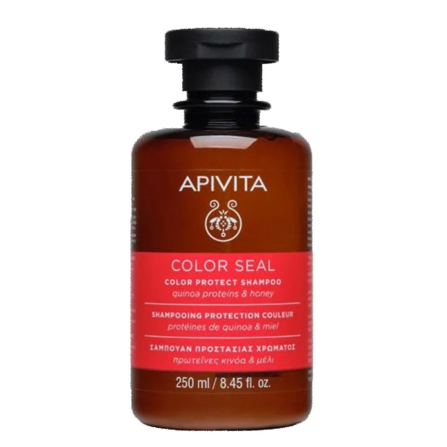 Apivita Colour Seal Shampoo with Quinoa, Protein & Honey contains 95% natural origin ingredients for gentle cleansing. It preserves and enhances the natural vibrancy of coloured hair, while respecting the scalp's natural flora without the use of sulfates. 