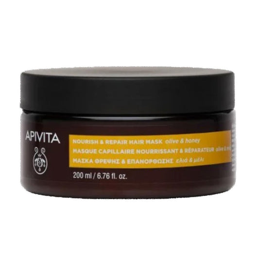 Apivita Nourish Repair Hair Mask  intensive repair with shea butter, olive oil, almond oil, wheat germ oil, Plukenetia Volubilis seed oil, wheat proteins and 5 vitamins restructure damaged hair, providing intense nourishment and softness.