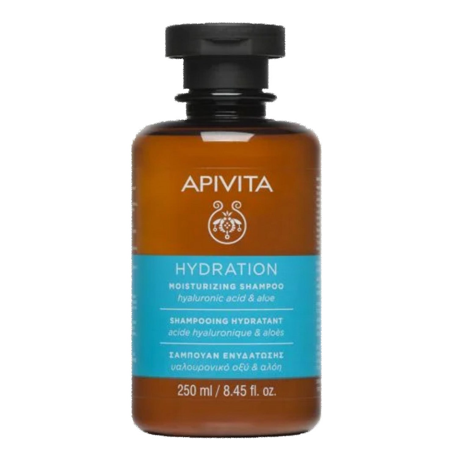 Apivita Hydration & Moisturising Shampoo with Hyaluronic is a  luxurious shampoo with 86% natural origin ingredients, this formula gently cleanses while maintaining the scalp's moisture. 
