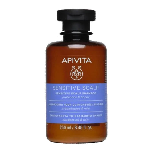 Apivita Sensitive Scalp Shampoo offers 96% natural origin ingredients to gently cleanse and soothe the scalp, while balancing its microbiome with prebiotics and APISHIELD HS.