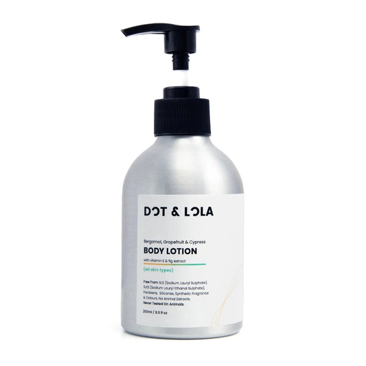 DOT & LOLA Body Lotion With Bergamot, Grapefruit & Cypress is free from SLS, Parabens, animal extracts and synthetic fragrances & colors, making it an ideal choice for chemical-free skincare.