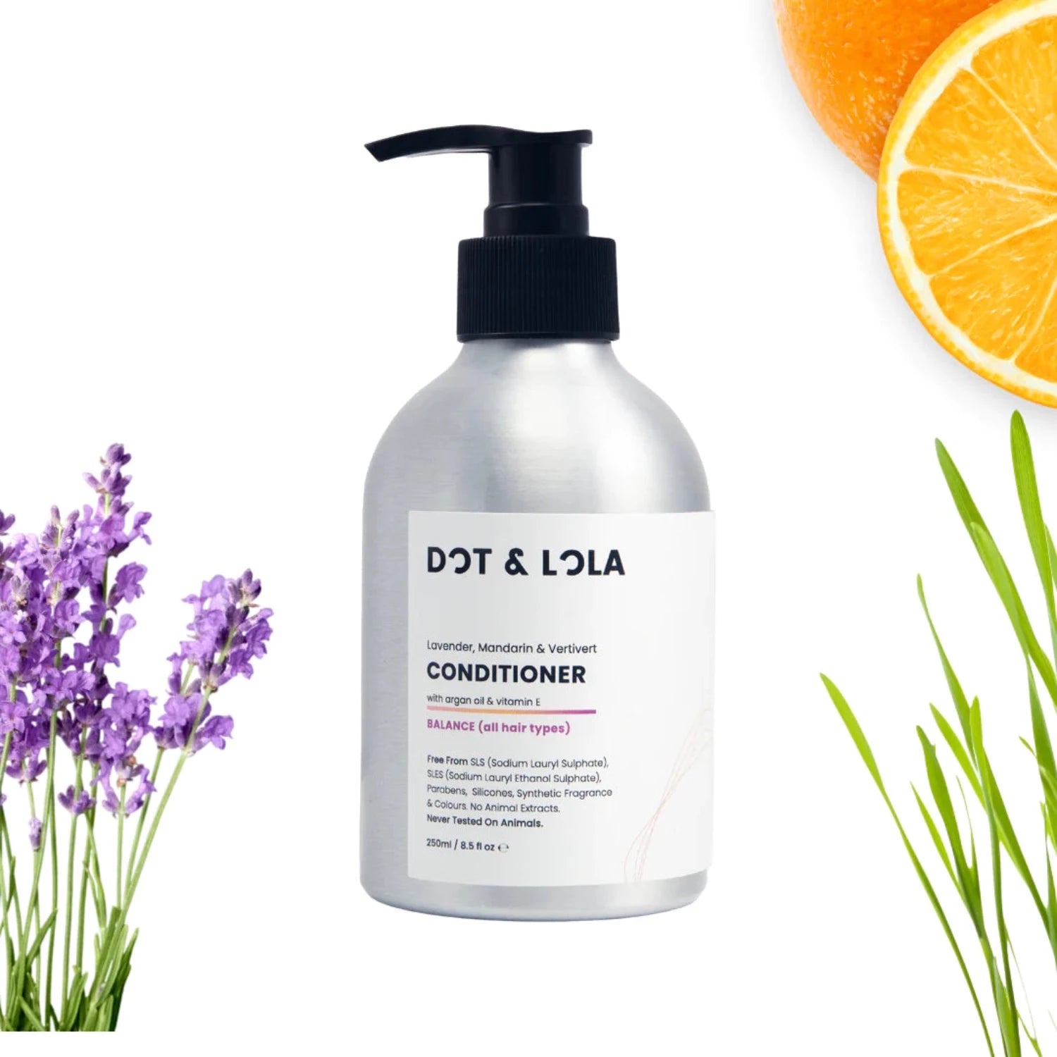 DOT & LOLA Balance Conditioner With Lavender, Mandarin & Vertivert. With lavender and mandarin, scalp tension is alleviated, encouraging hair growth and luster.