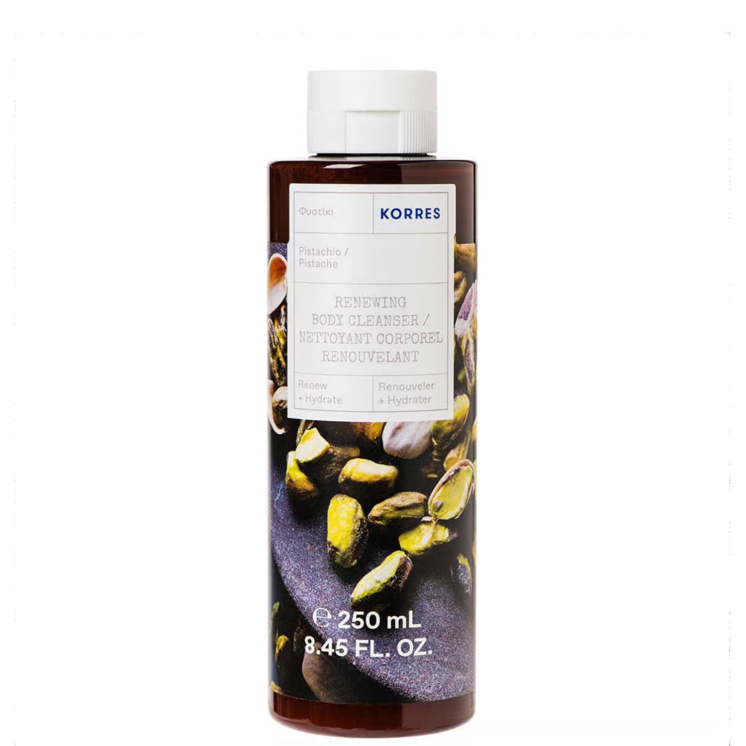 Korres Pistachio Renewing Body Cleanser s formulated with aloe extract, wheat proteins, and Althea extract.