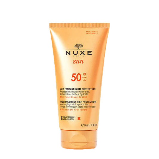 Nuxe Sun High Protection Melting Lotion with anti-aging cellular protection, moisturises, beautifies the tan. With its SPF50 offers UV protection for your face and body. 