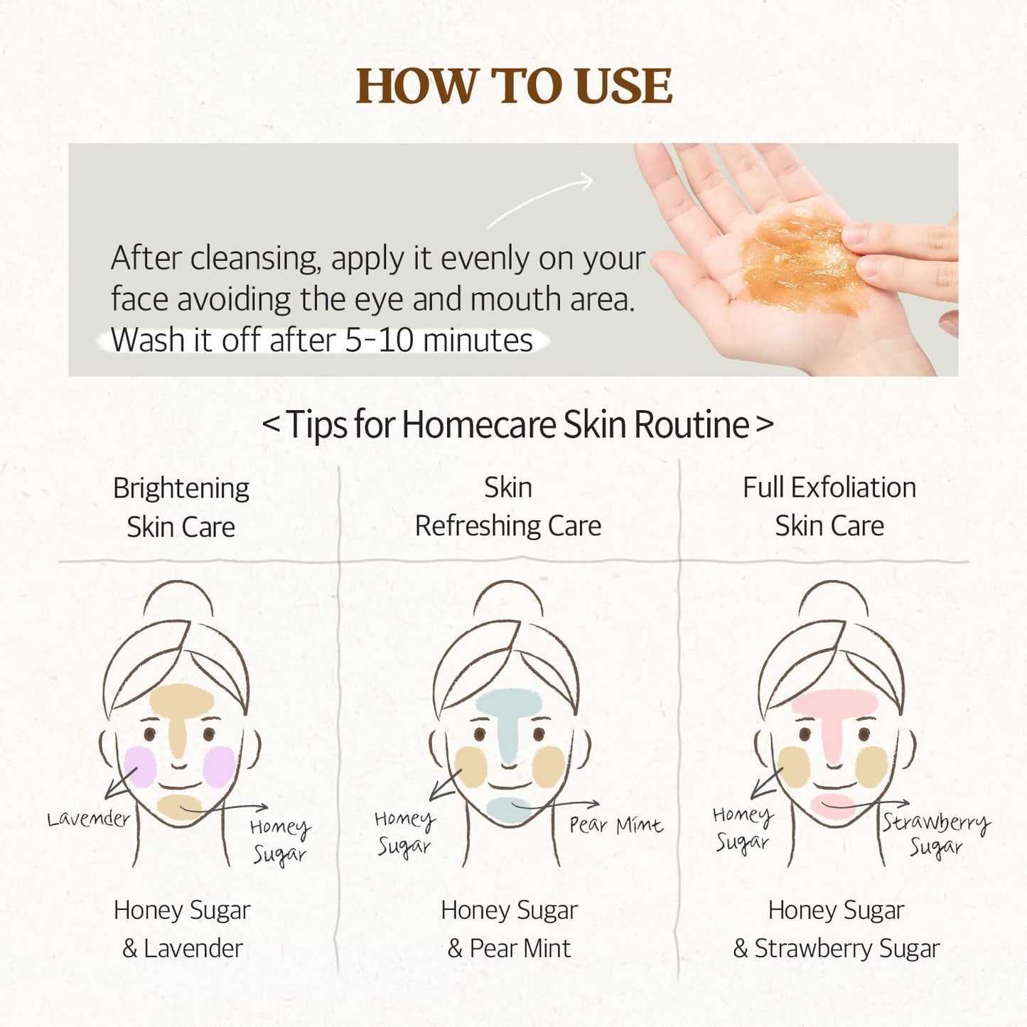 How to use SKINFOOD Honey Sugar Mask: After cleansing apply it evenly on your face avoiding the eye and mouth area. Wash with warm water after 10-15 minutes. Repeat 2-3 times a week. 
