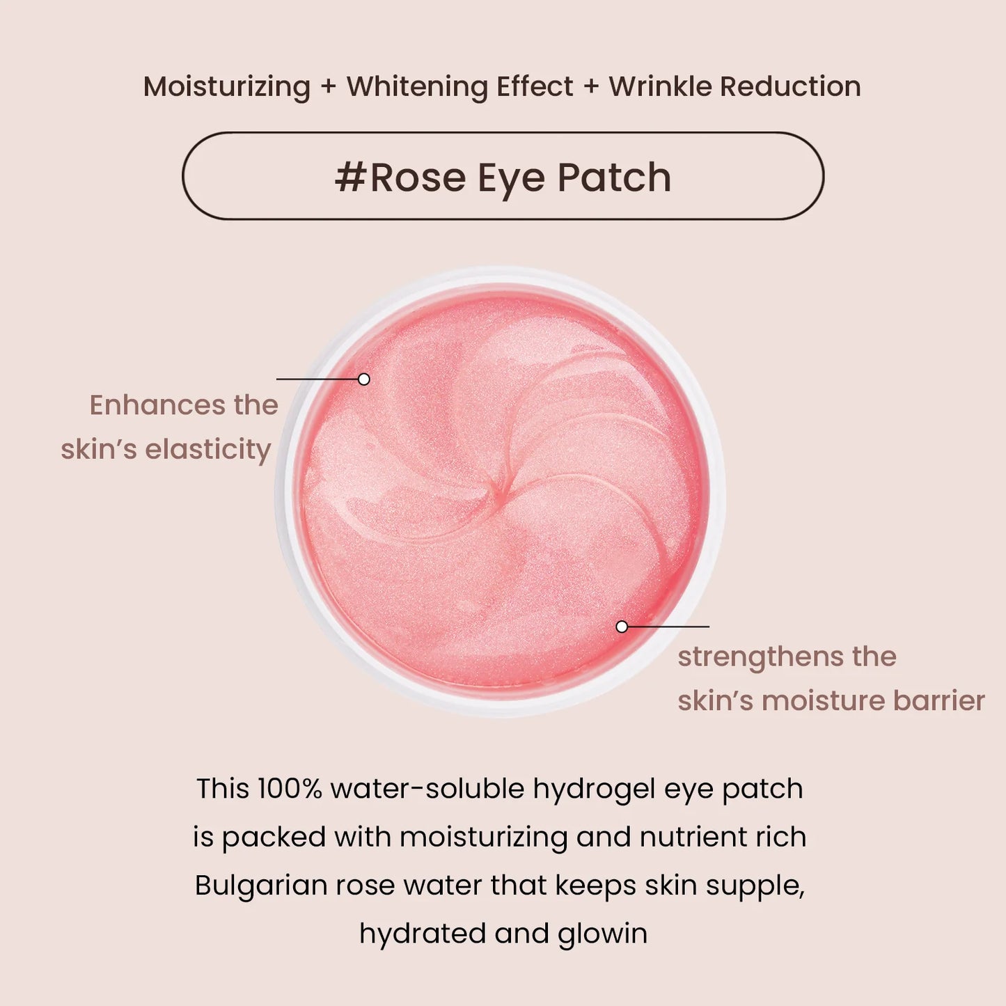 Heimish Bulgarian Rose Water Hydrogel Eye Patch enhances skin elasticity and strengthens skin's moisture barrier. 