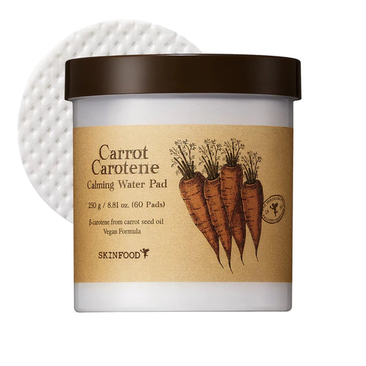 SKINFOOD Carrot Carotene Calming Water Pad with Carrot Extract and Carrot Seed Oil are rich in Beta-Carotene and antioxidants to moisturise the skin while calming over-heated or sensitised skin.