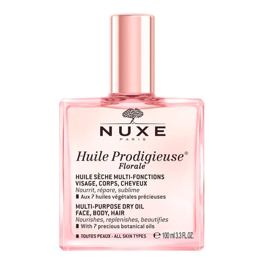 Nuxe Huile Prodigieuse Florale Multi Purspose Dry Oil is a unique blend of 7 pure botanical oils: Tsubaki, Argan, Macadamia, Borage, Camellia, Hazelnut, and Sweet Almond Oils to nourish and repair your skin.