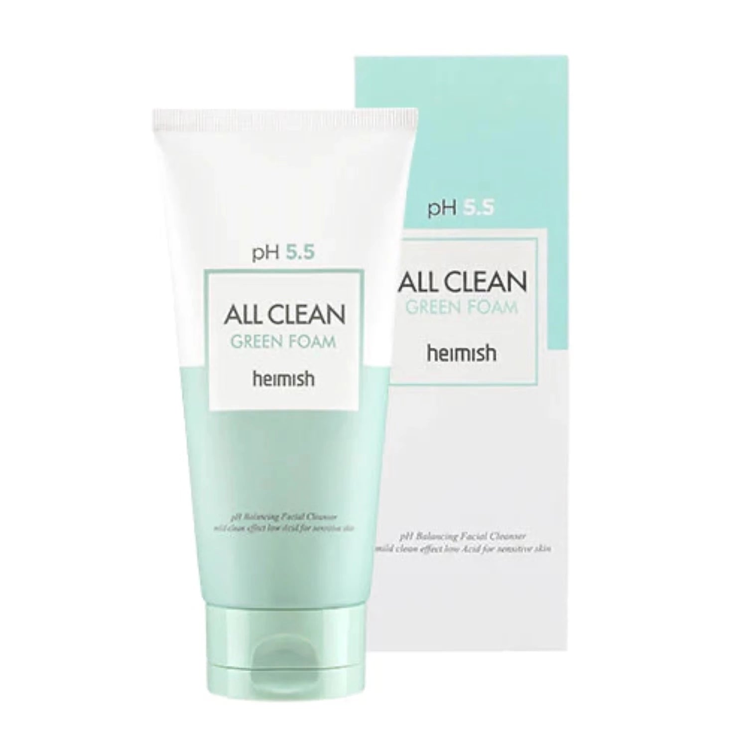 Heimish All Clean Green Foam Cleanser features pH-balancing and mild cleansing ingredients, with a low-acid formula suitable for sensitive skin. 