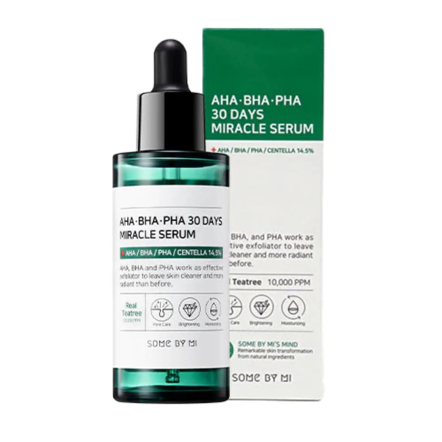 SOME BY MI AHA/BHA/PHA 30 Days Miracle Serum helps to diminish inflammation while promoting collagen production and skin cell renewal. Additionally, it assists in gently exfoliating, removing dead skin cells and other impurities.