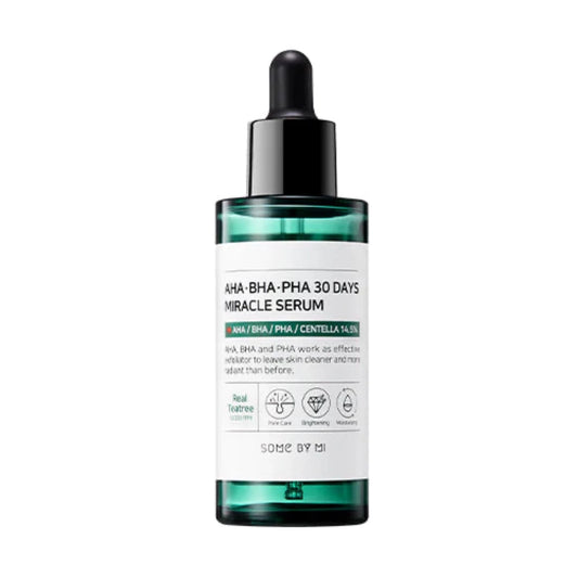 SOME BY MI AHA/BHA/PHA 30 Days Miracle Serum combines 14.5% Centella Asiatica Extract and 10,000 ppm of Tea Tree Leaf Water with AHA, BHA, and PHA to moisturise and soothe the skin. 