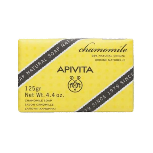 Apivita Camomile soap boasts a 98% natural origin formulation for a gentle, effective cleansing experience. Soothing chamomile extract and honey moisture the skin, while a palm oil and coconut oil base creates a rich lather.