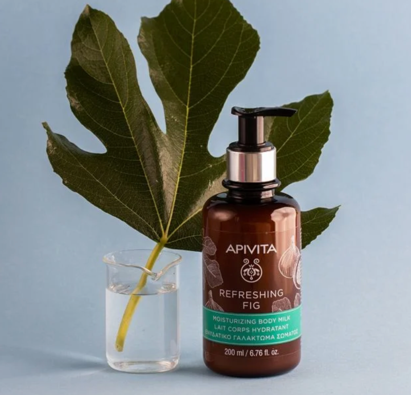 Apivita Refreshing Fig Moisturising Body Milk with Greek organic olive oil, organic shea butter and almond oil provide nourishment, while organic witch hazel infusion replaces water for antioxidant protection.