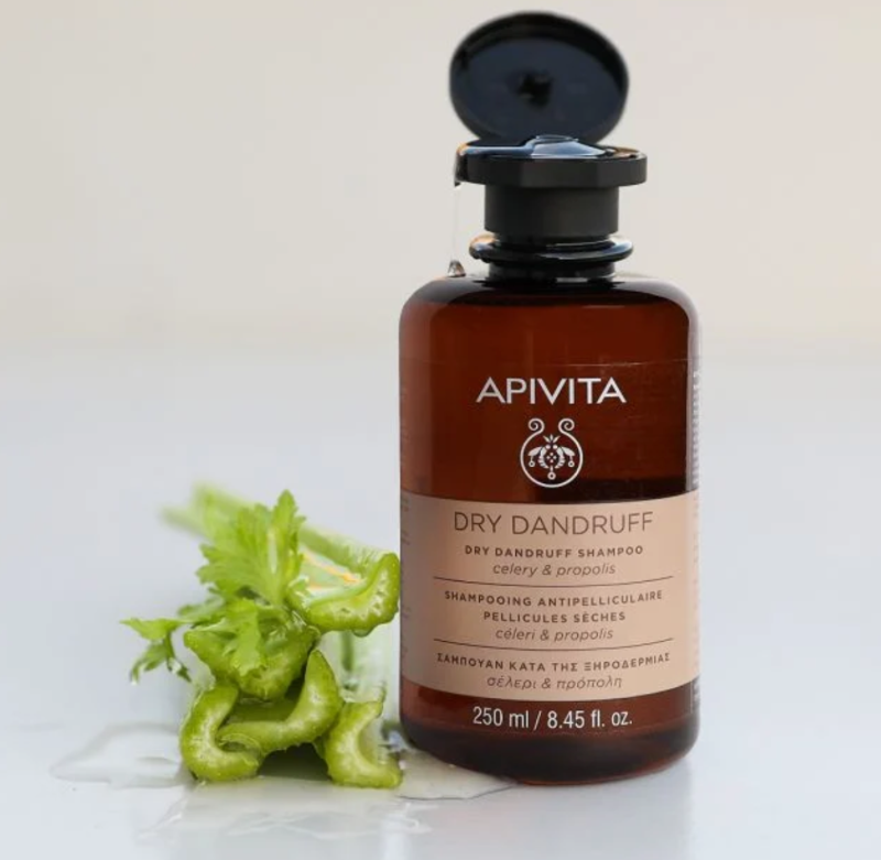 Apivita Dry Dandruff Shampoo with Greek organic rosemary presents a tonic, anti-ageing infusion to replace water.