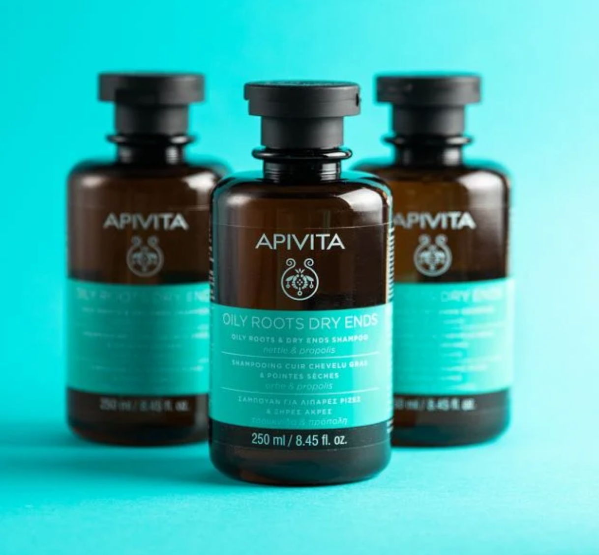 Apivita Oily Roots & Dry Ends Shampoo is a proprietary blend of Greek organic natural ingredients.