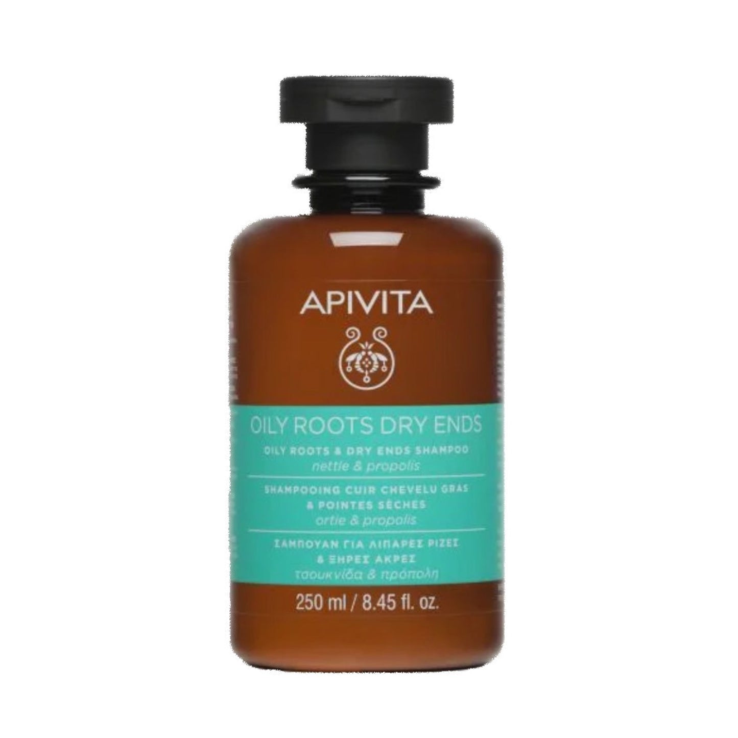 Apivita Oily Roots & Dry Ends Shampoo is a proprietary blend of Greek organic nettle, propolis, sage, and grapefruit essential oils regulate oiliness.