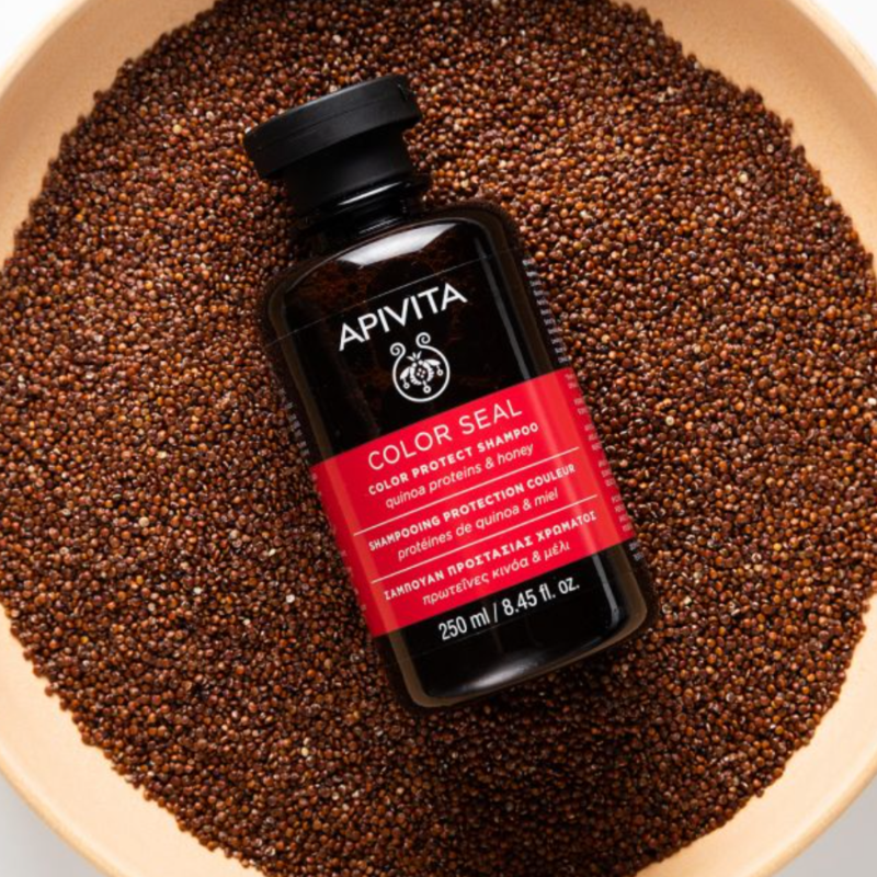 Apivita Colour Seal Shampoo with Quinoa, Protein & Honey is designed specifically for the needs of coloured and highlighted hair, giving it a resealed and revitalised shine. Its lightweight texture even works on fine hair.