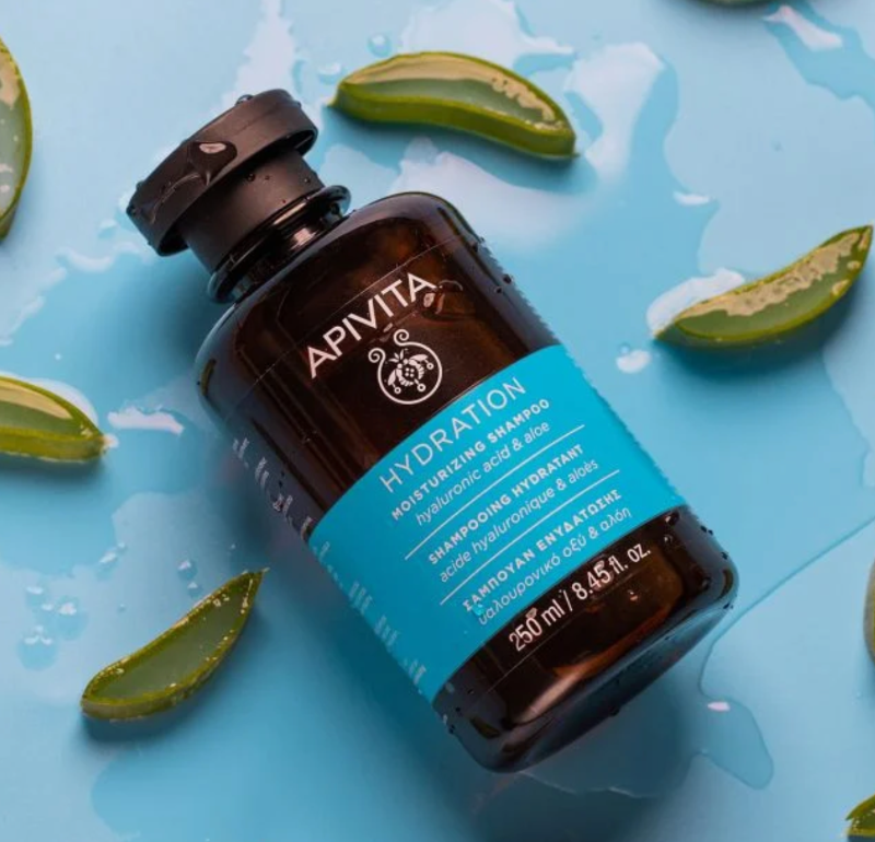 Apivita Hydration & Moisturising Shampoo featuring hyaluronic acid, aloe extract, thyme honey, oat proteins and more, it restores lost moisture in the hair fibre, offers antioxidant protection and shields strands from external stressors like pollution and styling. 