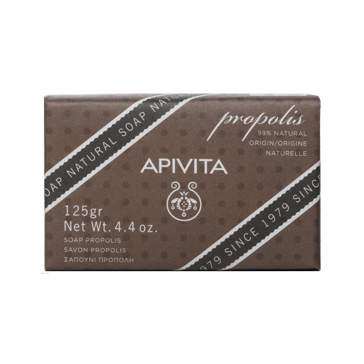 Apivita Propolis Soap with 99% natural origin soap with propolis boasts a unique black colour and is distinguished by its cleansing antiseptic effect on the skin without causing dehydration