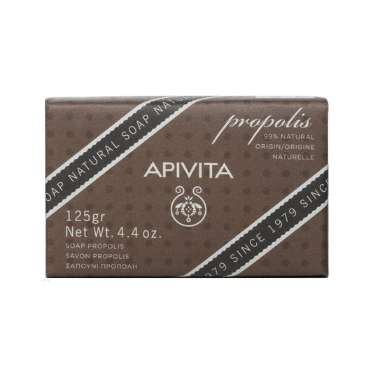 Apivita Propolis Soap with 99% natural origin soap with propolis boasts a unique black colour and is distinguished by its cleansing antiseptic effect on the skin without causing dehydration