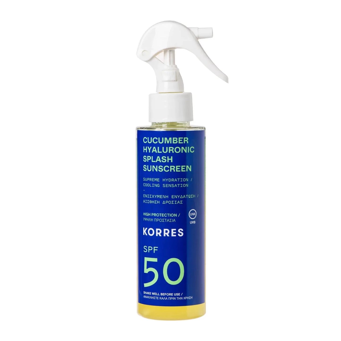 Korres Cucumber Hyaluronic Splash Sunscreen SPF50 is enriched with hyaluronic acid, organic cucumber extract and panthenol to cool, hydrate and protect the skin from the sun with SPF 50.