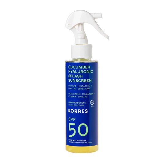 Korres Cucumber Hyaluronic Splash Sunscreen SPF50 is enriched with hyaluronic acid, organic cucumber extract and panthenol to cool, hydrate and protect the skin from the sun with SPF 50.